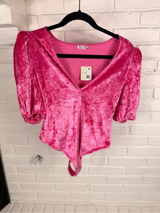Free People Tops - Free People Pink Velvet Puff Sleeve Thong Bodysuit XS Cottagecore Glam